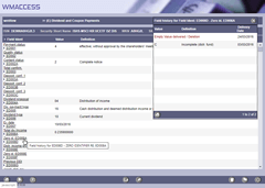 Field history for the WM field ED120. Time of deletion and previous data including delivery date.