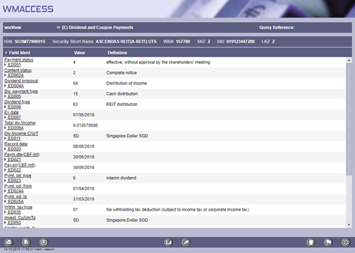 Detail display of an income data set for ISIN 'SG1M77906915' from October 27, 2009.