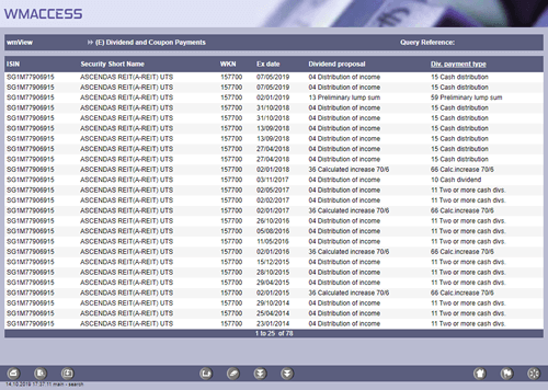 Hit list of an income data search for ISIN 'SG1M77906915' with a total of 38 hits.