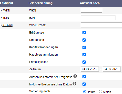 Suchmaske für das Profil Corporate Actions Inklusive Ereignisse ohne Datum.