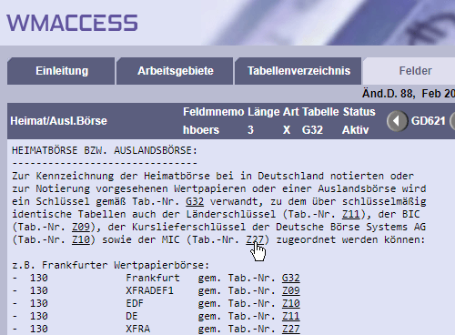 Querverweis zur Tabelle Z27 - MIC (ISO 10383) aus der Feldbeschreibung für GD621 - Heimatbörse bzw. Auslandsbörse