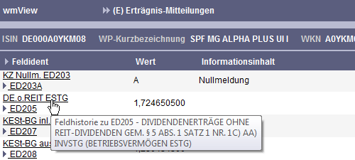Tooltip mit Hinweis auf Feldhistorie inklusive Feldident und Langbezeichnung