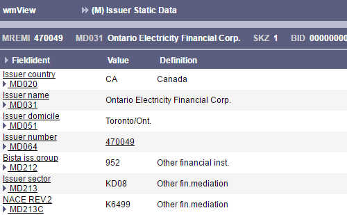 Detail display of current issuer data for issuer number 470049 (issuer for ISIN CA683078DS56)