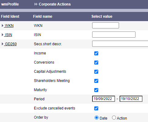 Search mask Corporate Actions with exclusion of cancelled events